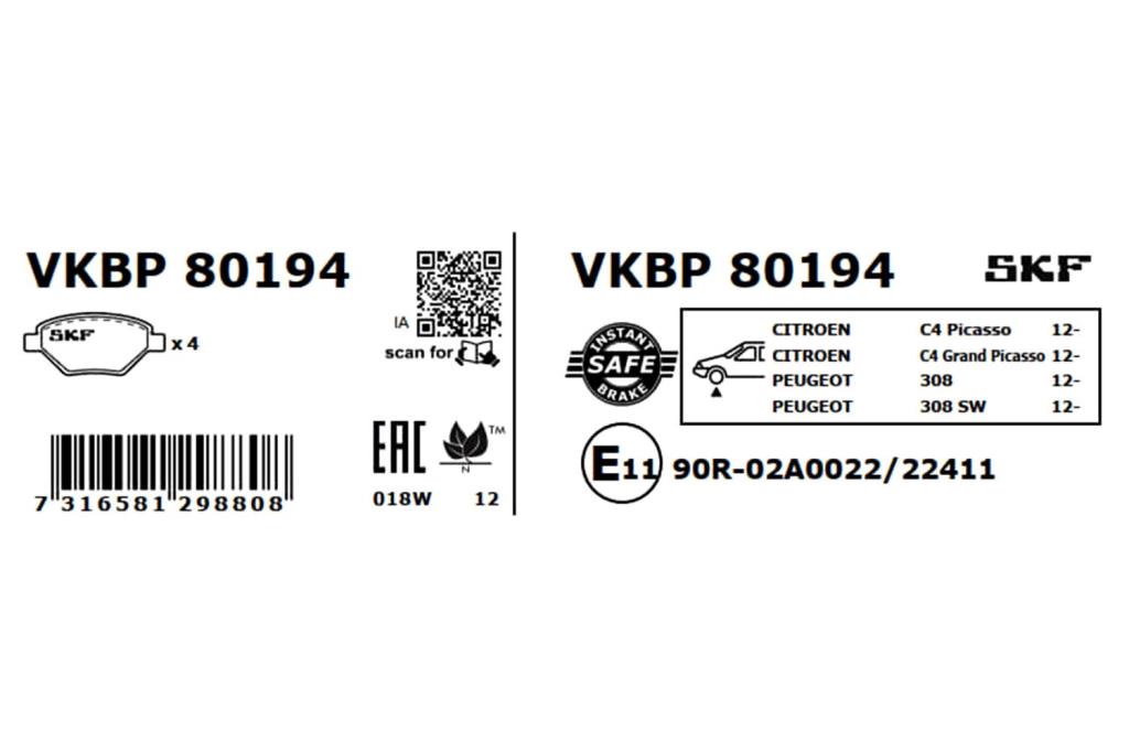 Jeu de 4 plaquettes de frein SKF ref. VKBP 80194